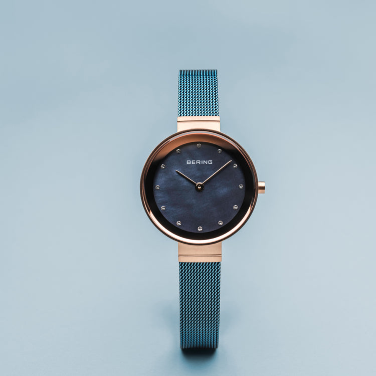 Bering | Classic Rose Gold blue 28mm dial milanese strap | 10128-368