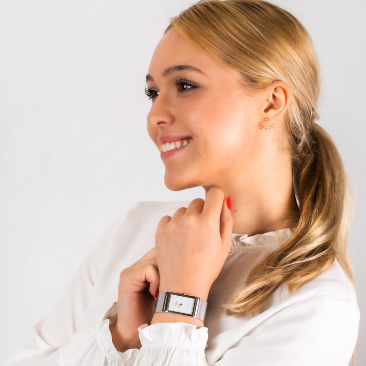 Bering | Classic 38mm polished white square dial silver mesh strap | 10222-010-S