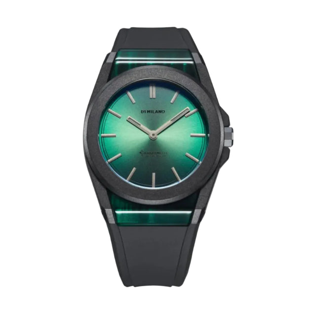 A minimalist wristwatch with a dark gray matte case, a green gradient dial, and a matching green and black textured strap, shown against a plain white background.