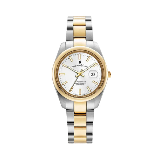 A two-tone stainless steel Jacques Du Manoir watch with a silver dial, gold bracelet, and rose gold hands and markers.