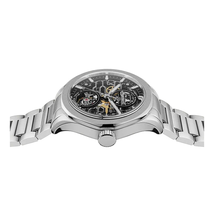 Silver wristwatch with detailed face on a white background