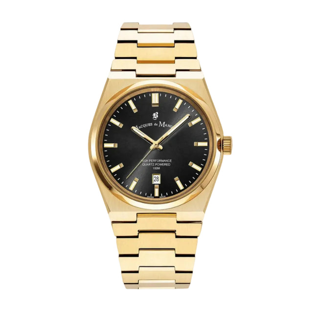 A gold stainless steel Jacques du Manoir watch with a black dial and a date display, on a metal bracelet.