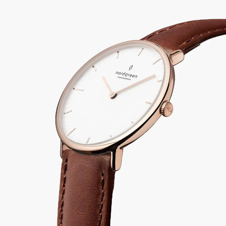 Nordgreen | Native Rose gold 32mm white dial brown leather | NR32RGLEBRXX