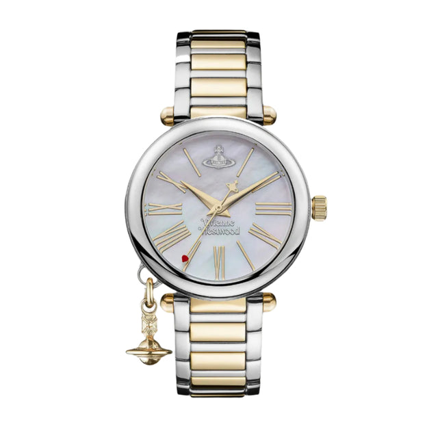 A Vivienne Westwood Mother Orb Two Tone Strap Watch with a stainless steel band, silver and gold colors, and a round iridescent dial featuring theorb logo.