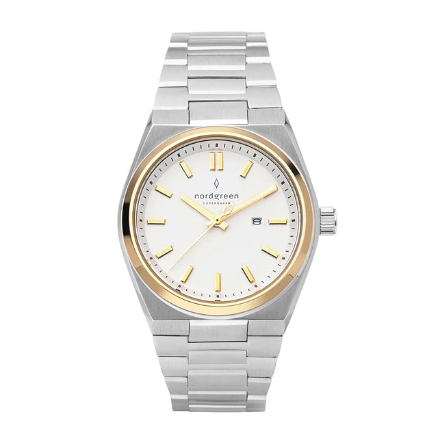 Silver and gold watch with a white face on a light gray background