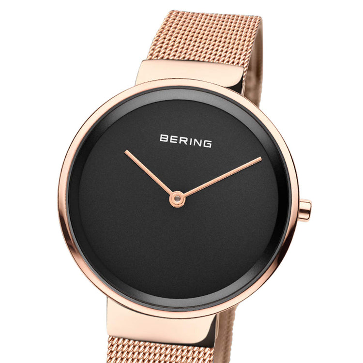 Bering | Classic rose gold 39mm black dial and gold mesh | 14539-362