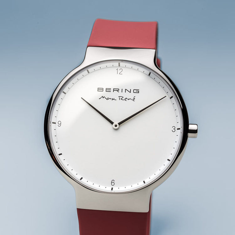 Bering | Max René polished silver 40mm dial with red silicone strap | 15540-500