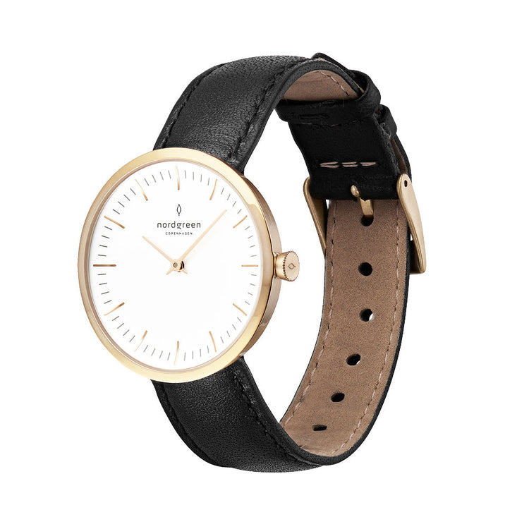 Nordgreen | Infinity gold 32mm white dial black leather | IN32GOLEBLXX
