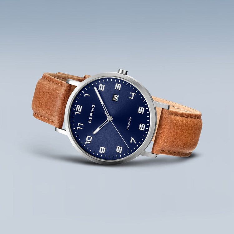 Bering | Titanium brushed silver blue 40mm dial leather band | 18640-567