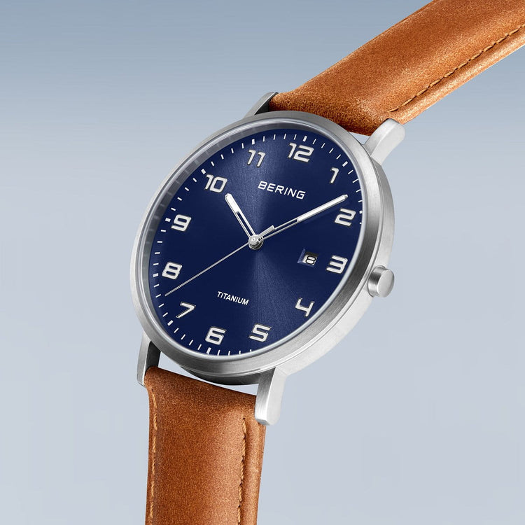 Bering | Titanium brushed silver blue 40mm dial leather band | 18640-567