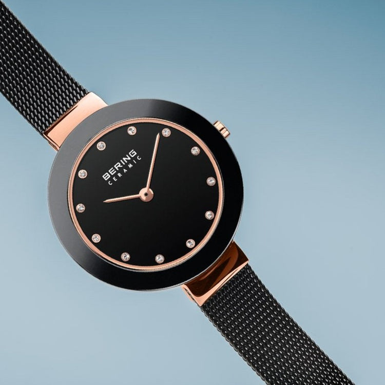 Bering | Ceramic polished rose gold black mesh band | 11429-166