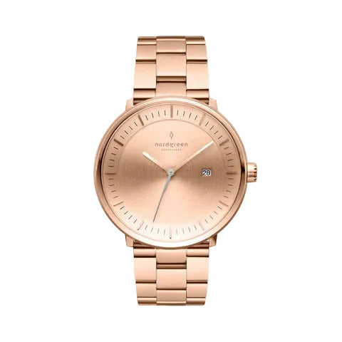 A rose gold-toned Nordgreen watch with a 40mm dial, three-link chain, and a date window.