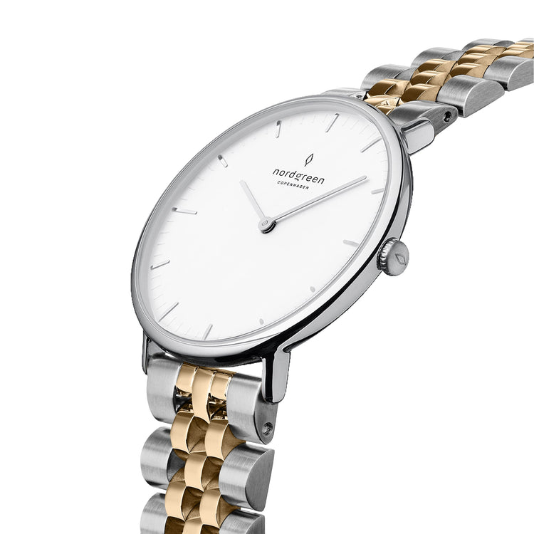 Nordgreen | Native silver and gold two tone bracelet 28mm white dial | NR28SI5LSGXX