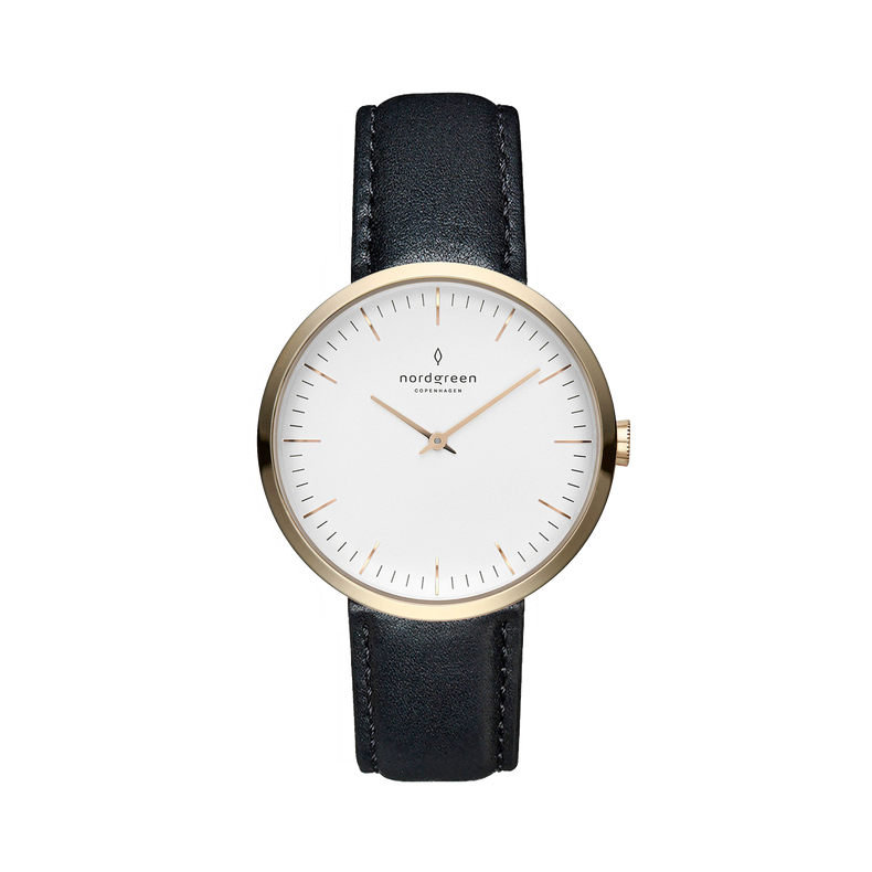 Nordgreen | Infinity gold 32mm white dial black leather | IN32GOLEBLXX