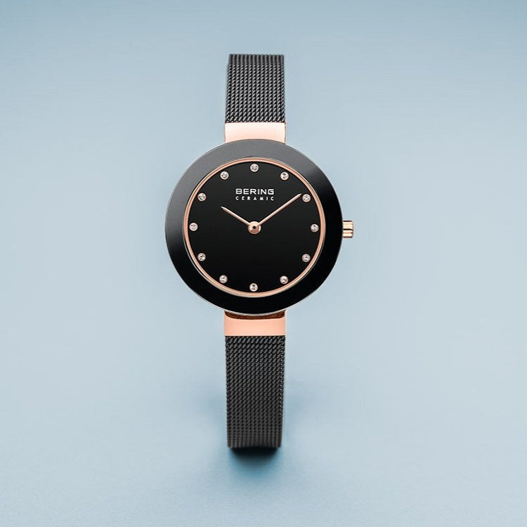 Bering | Ceramic polished rose gold black mesh band | 11429-166