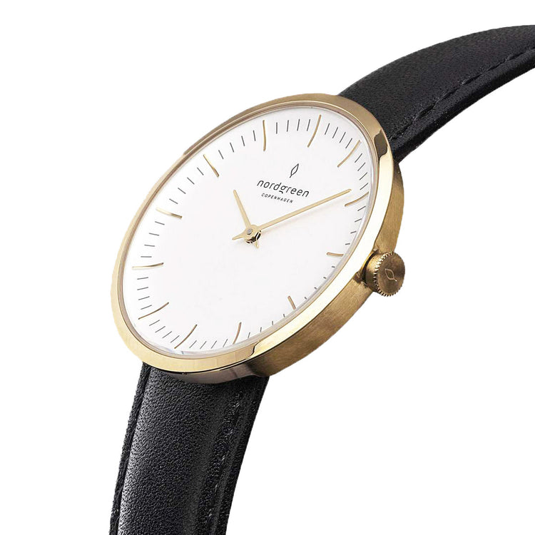 Nordgreen | Infinity gold 32mm white dial black leather | IN32GOLEBLXX