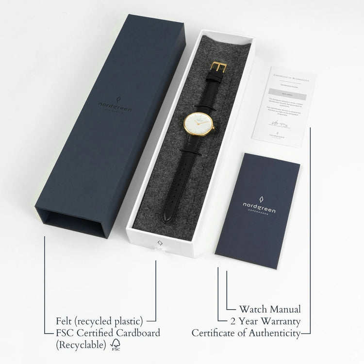 Nordgreen | Infinity gold 32mm white dial black leather | IN32GOLEBLXX