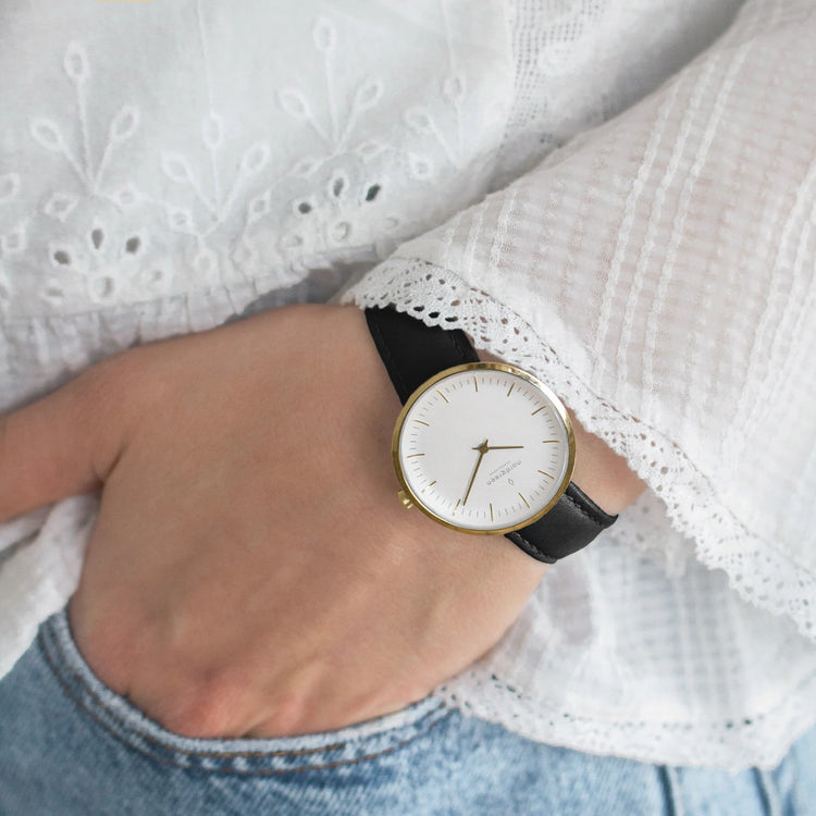Nordgreen | Infinity gold 32mm white dial black leather | IN32GOLEBLXX