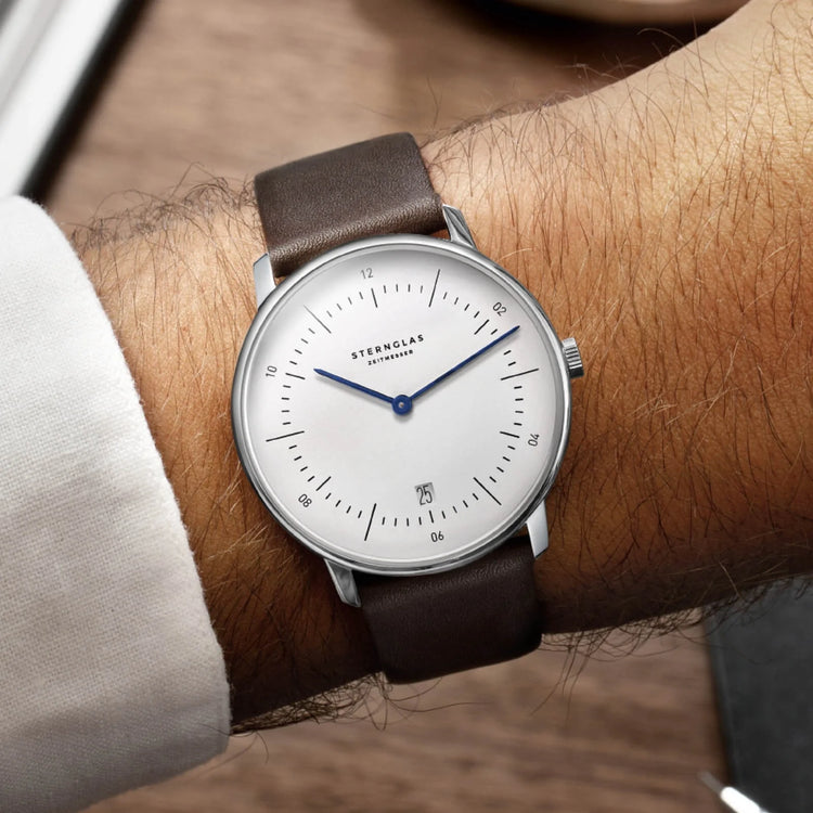 Sternglas | Naos white 38mm dial dark brown leather band | S01-NA44-PR04