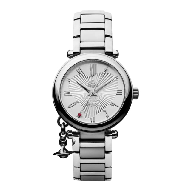 Silver watch with a detailed face on a white background