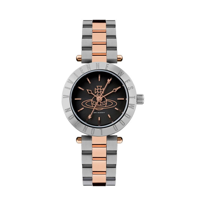 A Vivienne Rose analog watch with a two-tone silver and rose gold metal link bracelet, a silver bezel, and a black dial featuring the brand's logo.