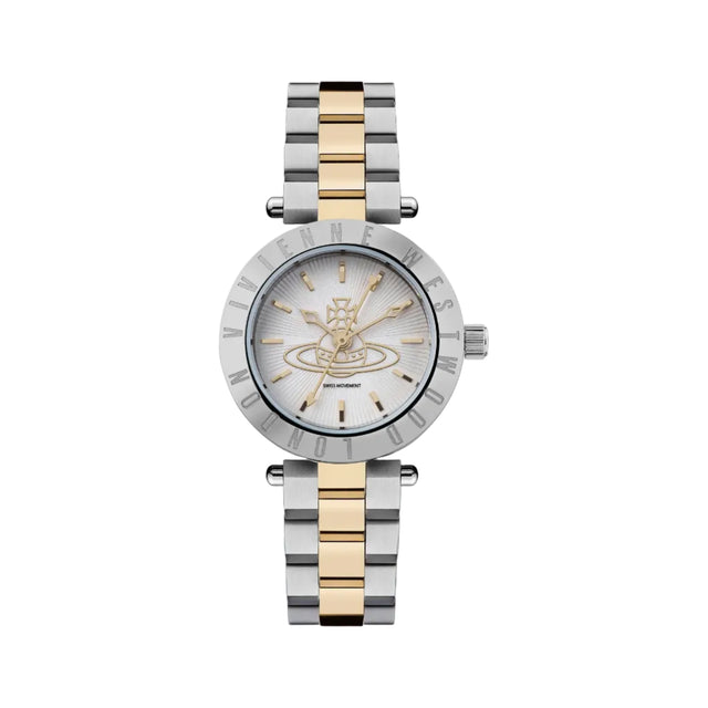 A silver-tone Vivienne Westwood watch with a two-tone bracelet strap, featuring a round dial with Roman and Arabic hour markers, a signature branding, and an orb logo charm.