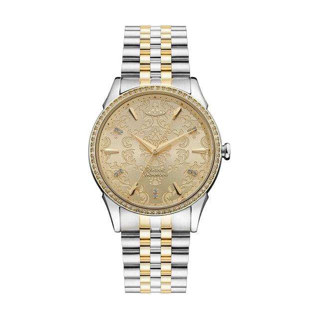 A luxury two-tone watch with a silver and gold metal bracelet, a gold-toned dial with intricate baroque-style engravings, and a bezel accented with small clear crystals, shown against a solid white background.