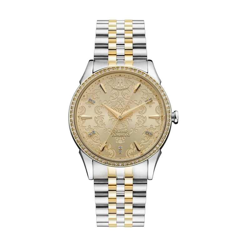 A luxury two-tone watch with a silver and gold metal bracelet, a gold-toned dial with intricate baroque-style engravings, and a bezel accented with small clear crystals, shown against a solid white background.
