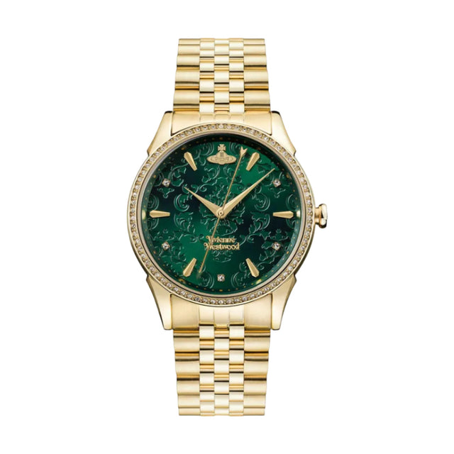 Gold watch with a green face on a white background