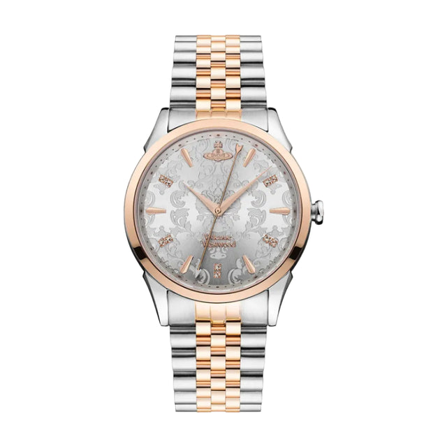 A Vivienne Westwood Wallace silver two-tone watch with a floral pattern on the dial and Swarovski crystals, secured by a bracelet strap.