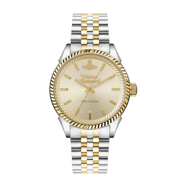 A two-tone Vivienne Westwood Seymour Men's Watch with a gold and silver stainless steel bracelet and a gold-toned dial with the brand's orb logo at 12 o’clock.