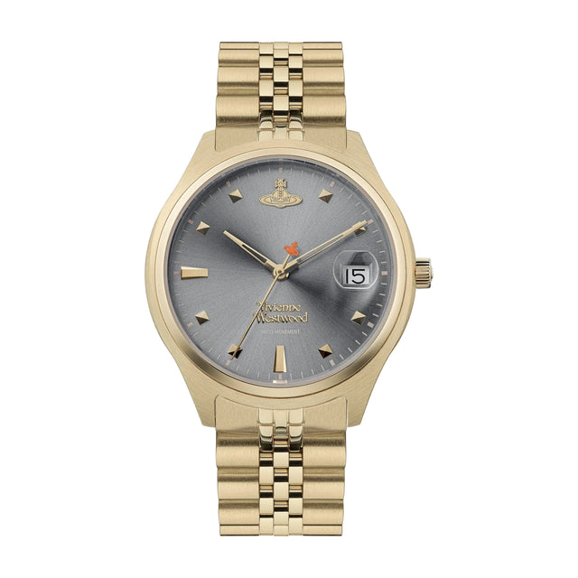 A gold-colored Vivienne Westwood Camberwell women's watch with a grey dial and a stainless steel case. It features a round date window and is secured with a butterfly buckle on a chain-link strap.