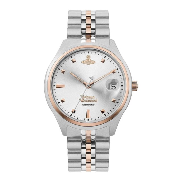 Vivienne Westwood wristwatch with a silver-toned stainless steel case and link bracelet, featuring rose gold accents on the bezel, indices, hands, and center of the bracelet, and a white dial with a date window.