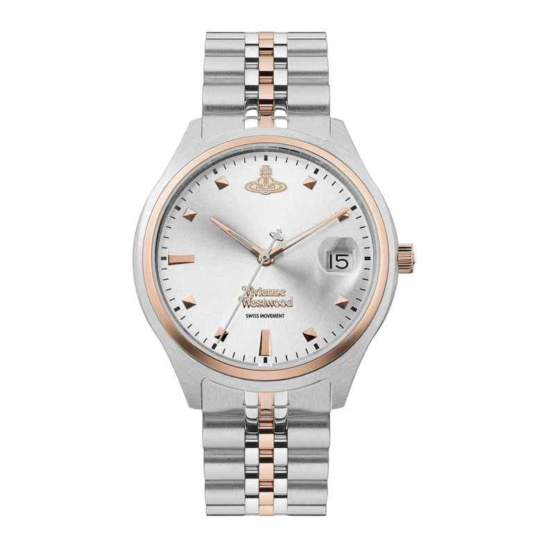 Vivienne Westwood wristwatch with a silver-toned stainless steel case and link bracelet, featuring rose gold accents on the bezel, indices, hands, and center of the bracelet, and a white dial with a date window.