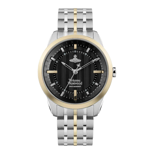 A Vivienne Westwood branded watch with a black dial and a stainless steel band featuring a butterfly buckle and Swaroski crystals on the hour markers.