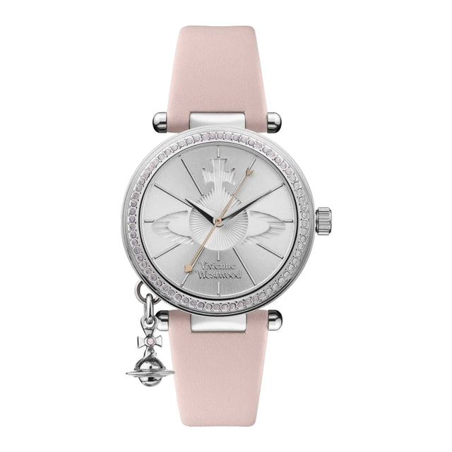 A Vivienne Westwood Orb Pastel Watch with a pale pink dial, silver case, and pink leather strap, featuring a textured Orb detailing and a pink Swarovski set bezel.