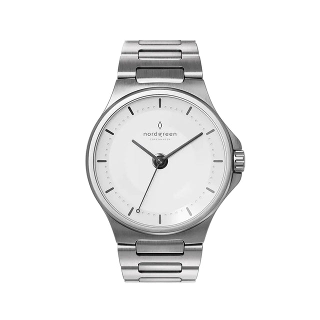 A silver-colored Nordgreen Guardian automatic watch with a 36mm dial and stainless-steel band.