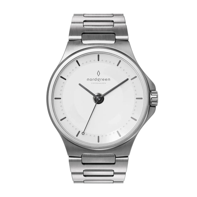 A silver-toned Nordgreen Guardian automatic watch with a 40mm dial and H-Link bracelet.