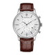 Watch with brown leather strap and silver case on white background