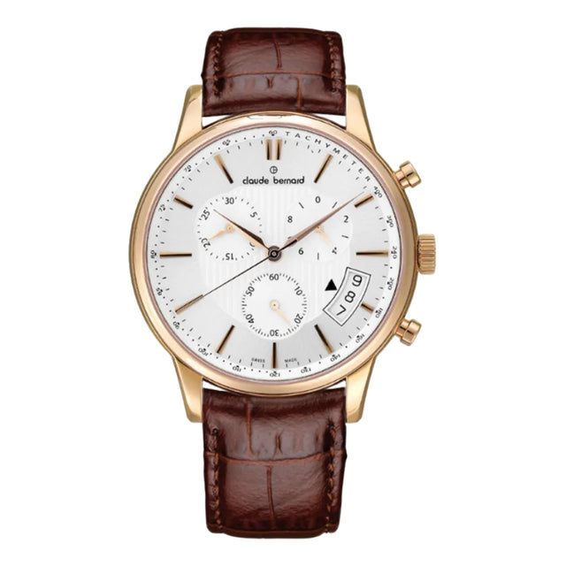 A classic wristwatch by Claude Bensaud with a round rose gold case, a white dial with multiple sub-dials, and a brown leather strap, shown against a plain white background.