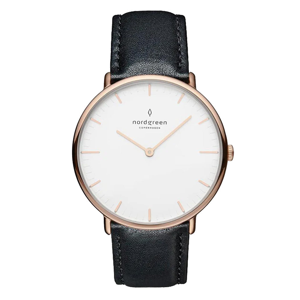 Nordgreen | Native rose gold 36mm black leather | NR36RGLEBLXX