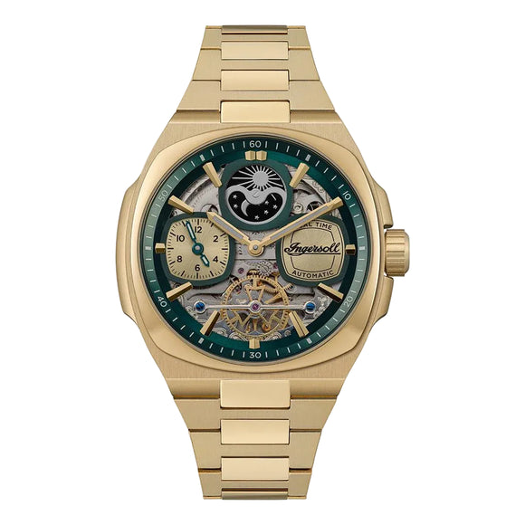 Gold wristwatch with a green face on a white background