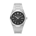 Silver watch with black dial on a white background
