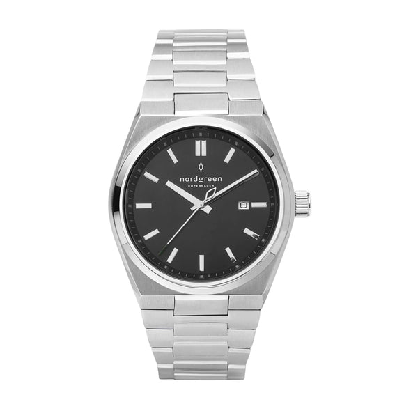 Silver watch with black dial on a white background