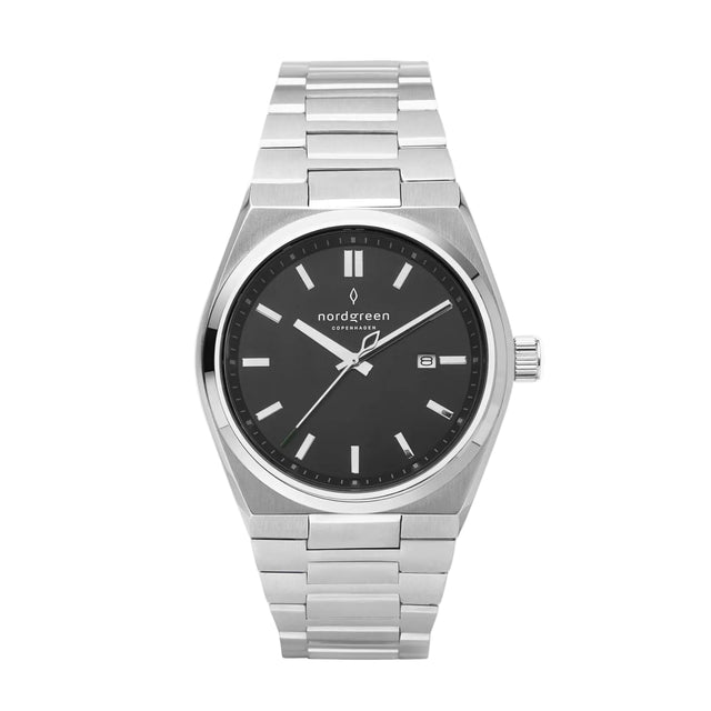 Silver watch with black dial on a white background