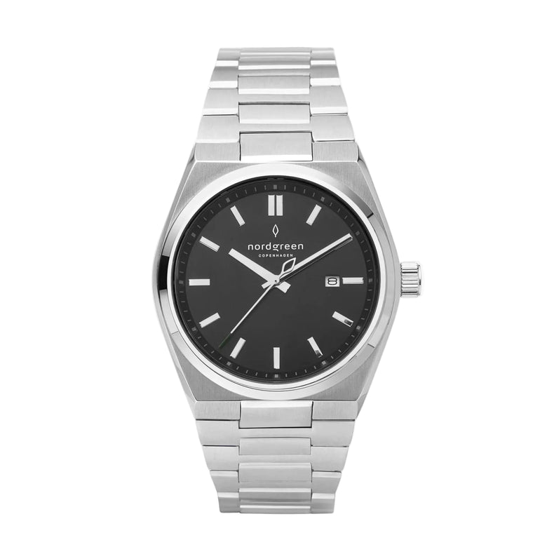 Silver watch with black dial on a white background