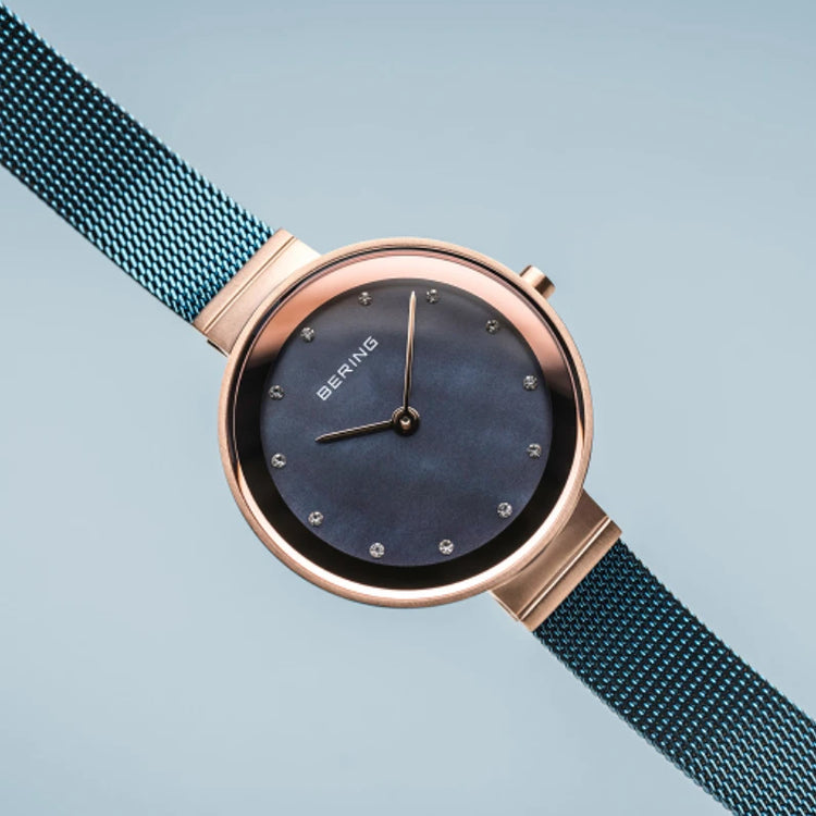 Bering | Classic Rose Gold blue 28mm dial milanese strap | 10128-368