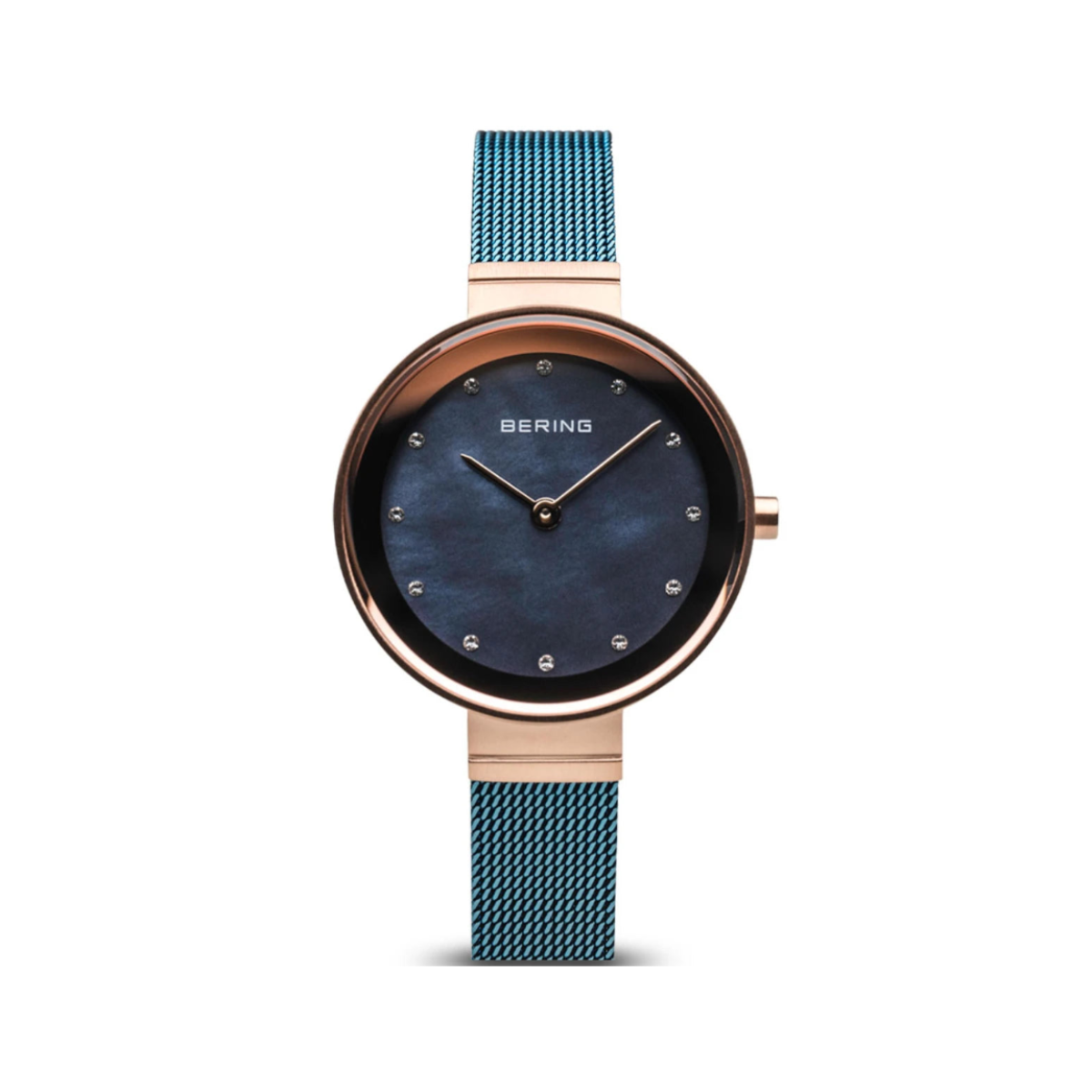 Bering | Classic Rose Gold blue 28mm dial milanese strap | 10128-368