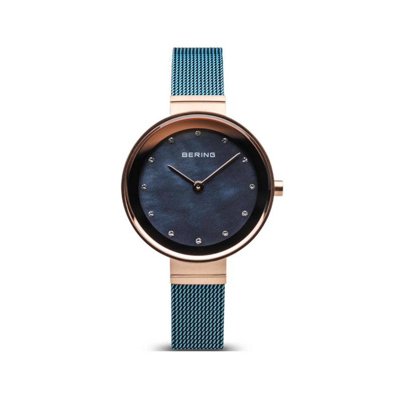 Bering | Classic Rose Gold blue 28mm dial milanese strap | 10128-368