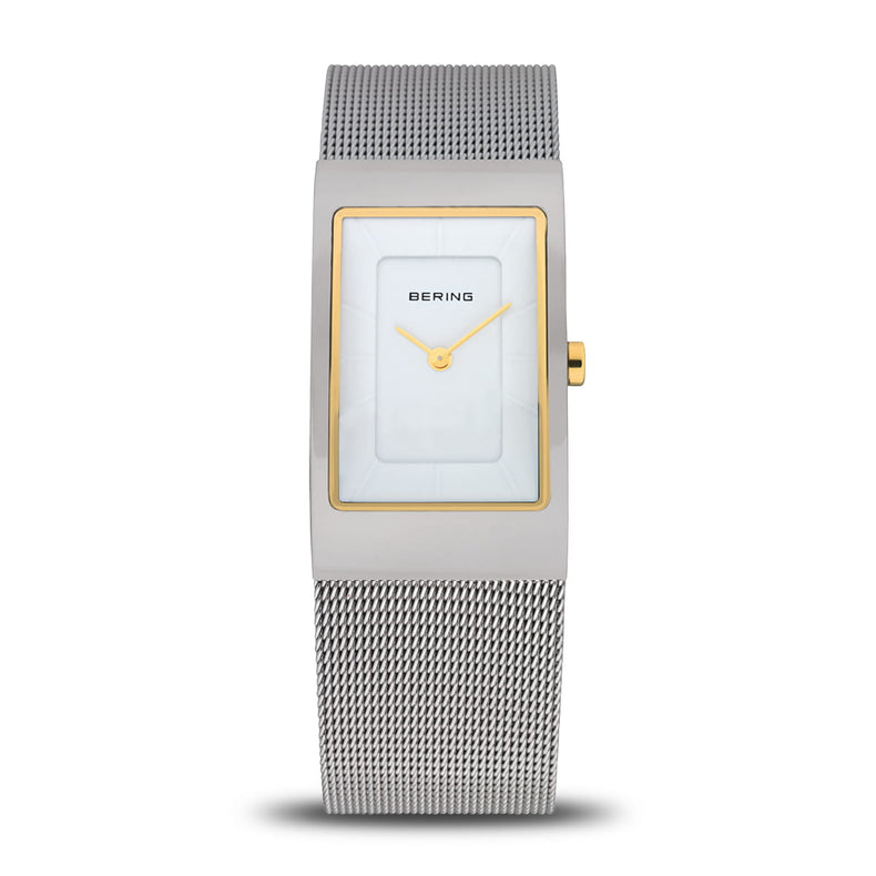 Bering | Classic 38mm polished white square dial silver mesh strap | 10222-010-S